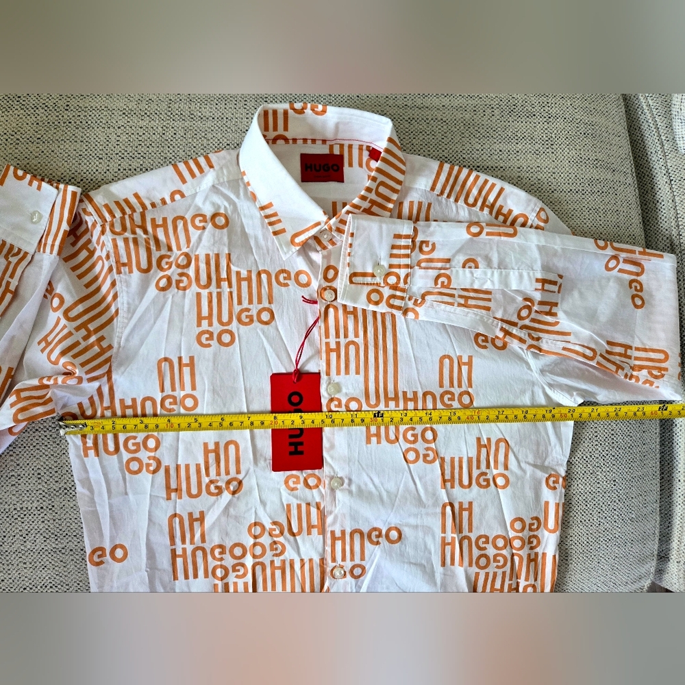NWT HUGO BOSS Printed Slim-Fit White and Orange Patterned Shirt In Cotton Size:S - Picture 9 of 10